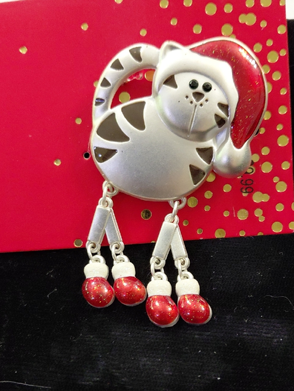 Vintage Festive Cat Holiday Brooch with Dangling Ornaments